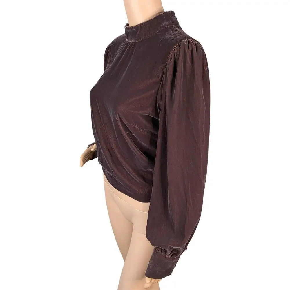 NWT Banana Republic Velvet Open Back Top M Roasted Cocoa Brown Puff Sleeve Mock